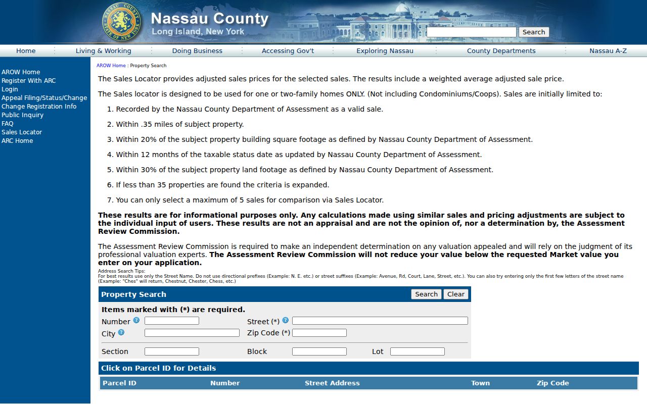 North Hempstead street directory Nassau AROW address and parcel search